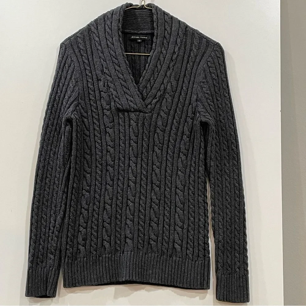 Gray Cable Knit Pullover Sweater, Jeanne Pierre, Size S